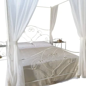 Letto Matrimoniale a Baldacchino, Ferro BATTUTO, Modello Cuore, Qualità 100% Made in Italy