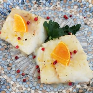 Merluzzo cotto in forno con Arancia e Pepe Rosa